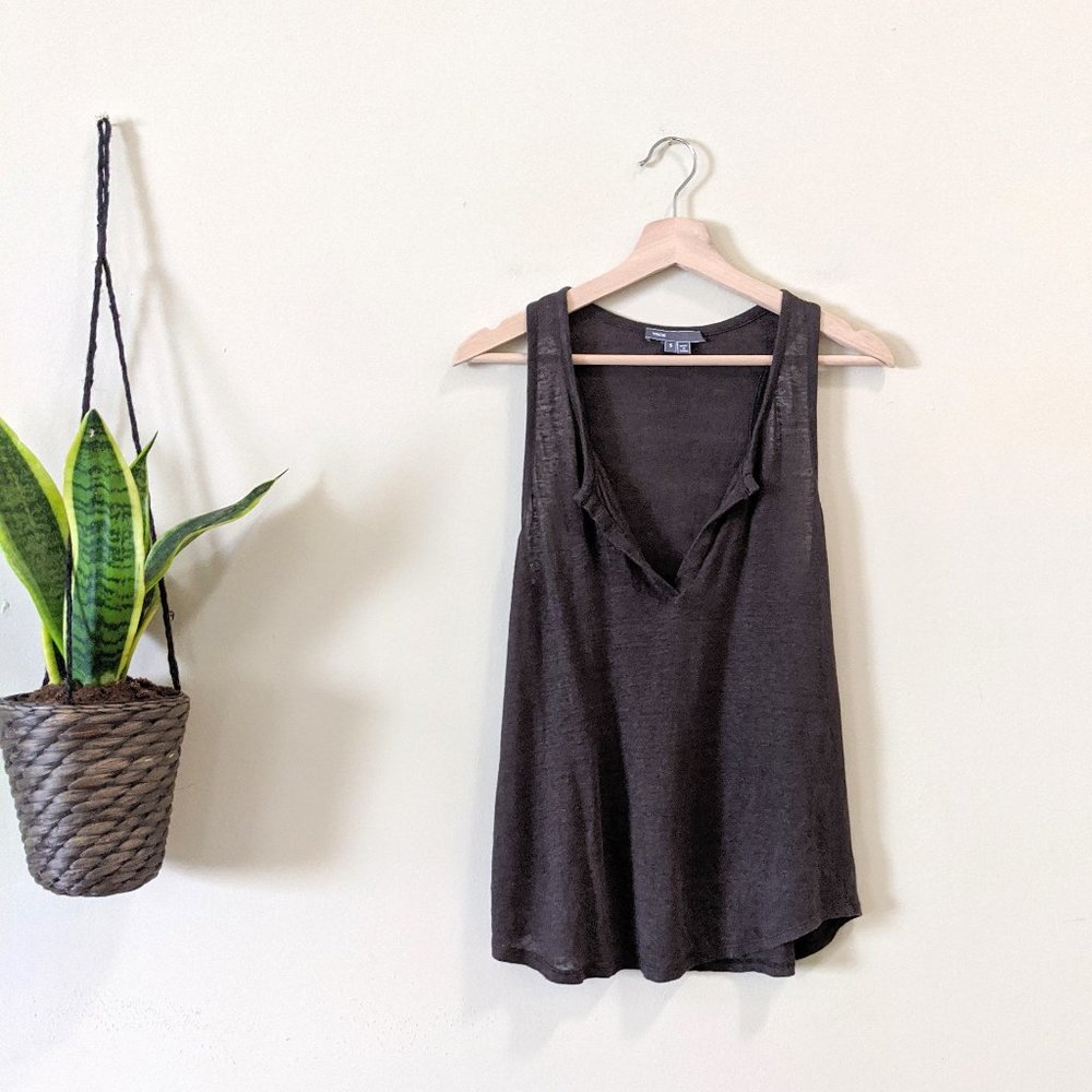 Vince Brown Split Neck Linen Tank
